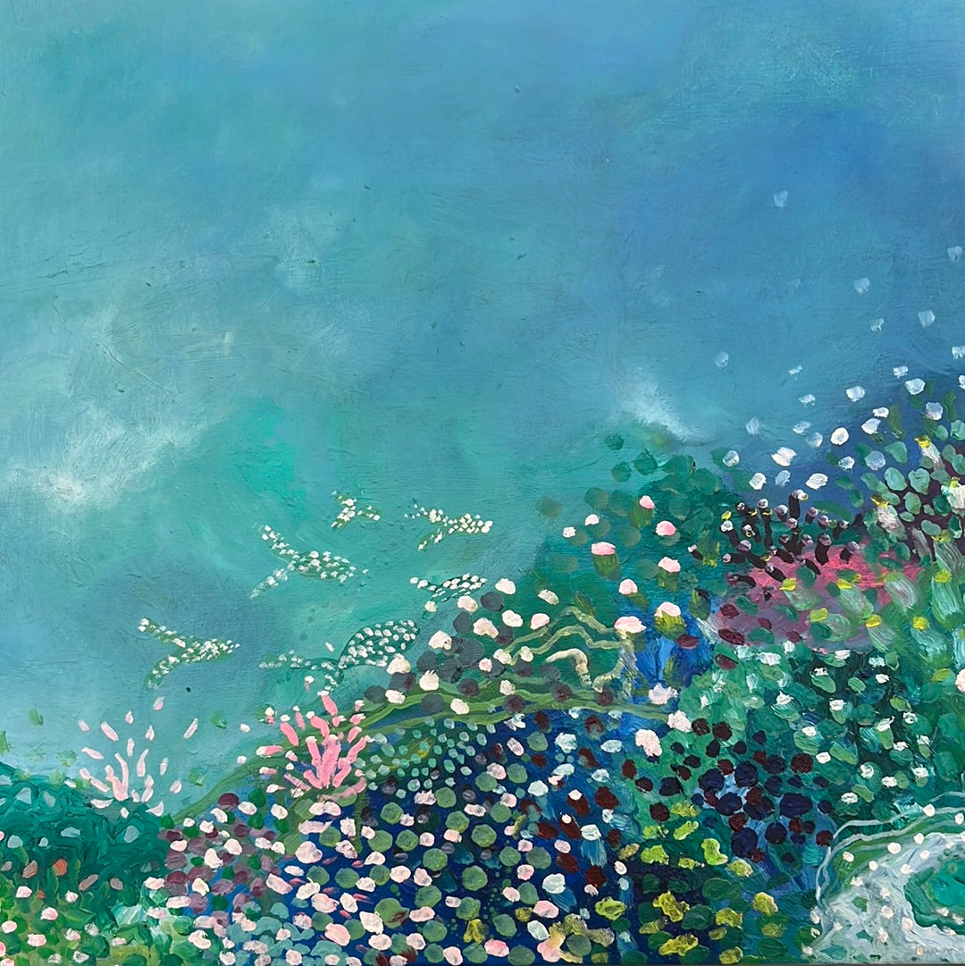 Drifting on oil on canvas framed in white float frame