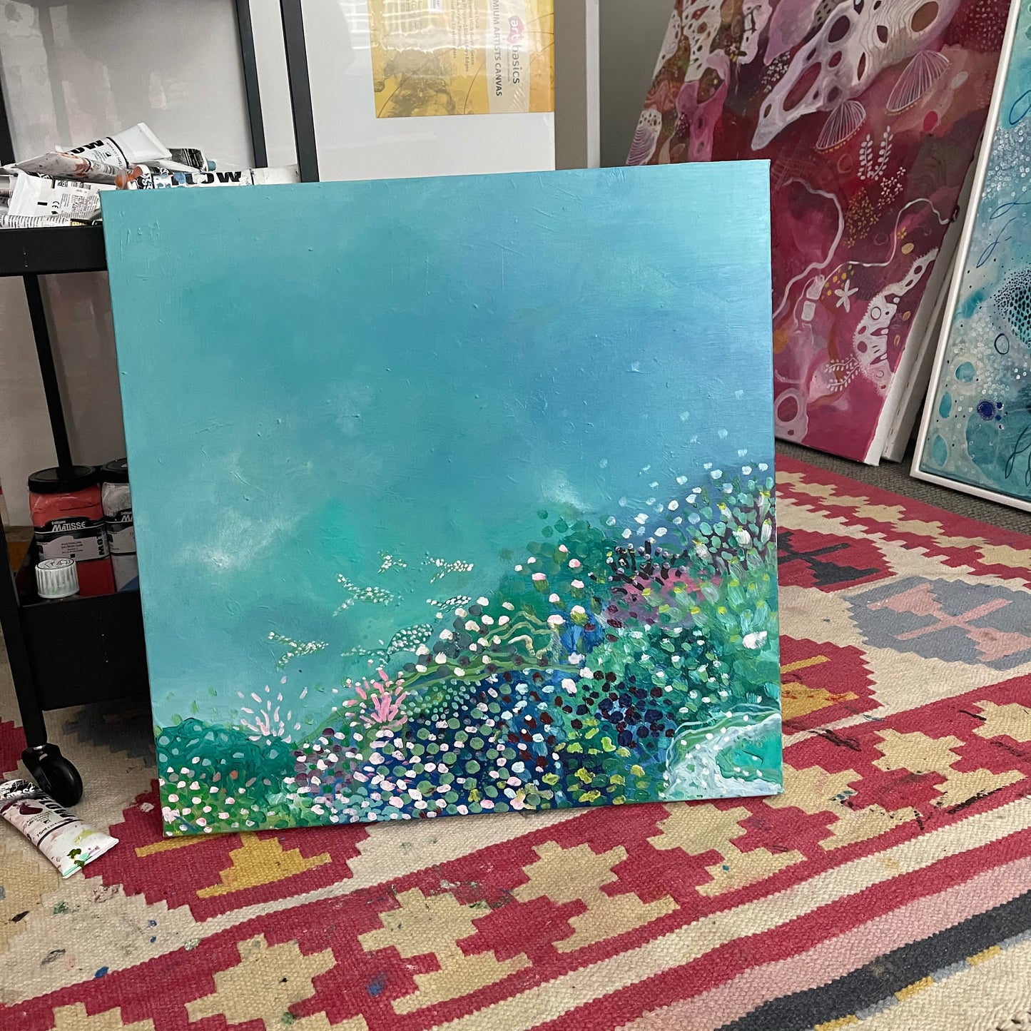 Drifting on 55x55cm oil on canvas framed in white float frame
