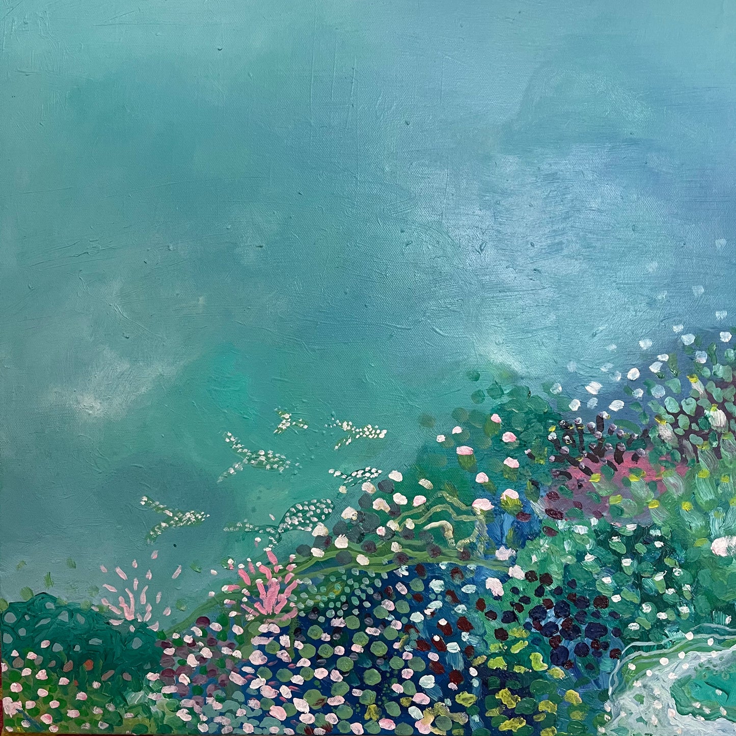 Drifting on 55x55cm oil on canvas framed in white float frame