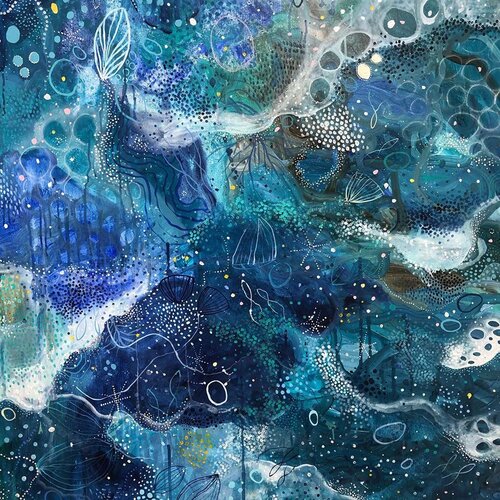 "Blue Dive" original acrylic on canvas framed in white float frame