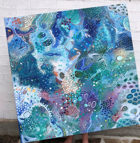 "Deep Blue" Original oil on linen framed in pale oak float frame