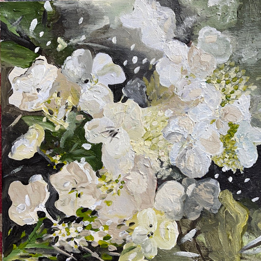 “Green and white blooms” 33x33cm acrylic on canvas framed in oak